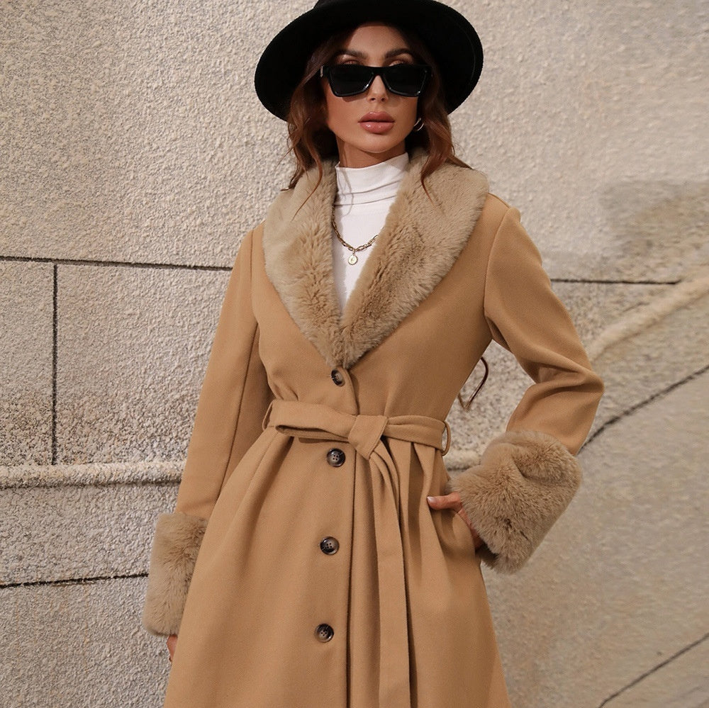 Women’s Belted Trench Coat with Fur Lapel – Elegant and Warm
