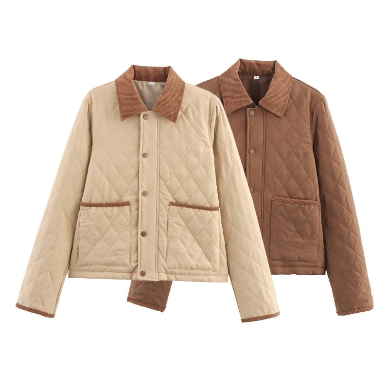 Women’s Corduroy Lapel Quilted Jacket – Short, Warm and Casual