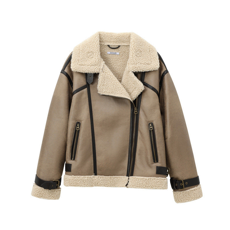Women’s Shearling Double-Sided Jacket – Strap Trim Design & Plush Lining