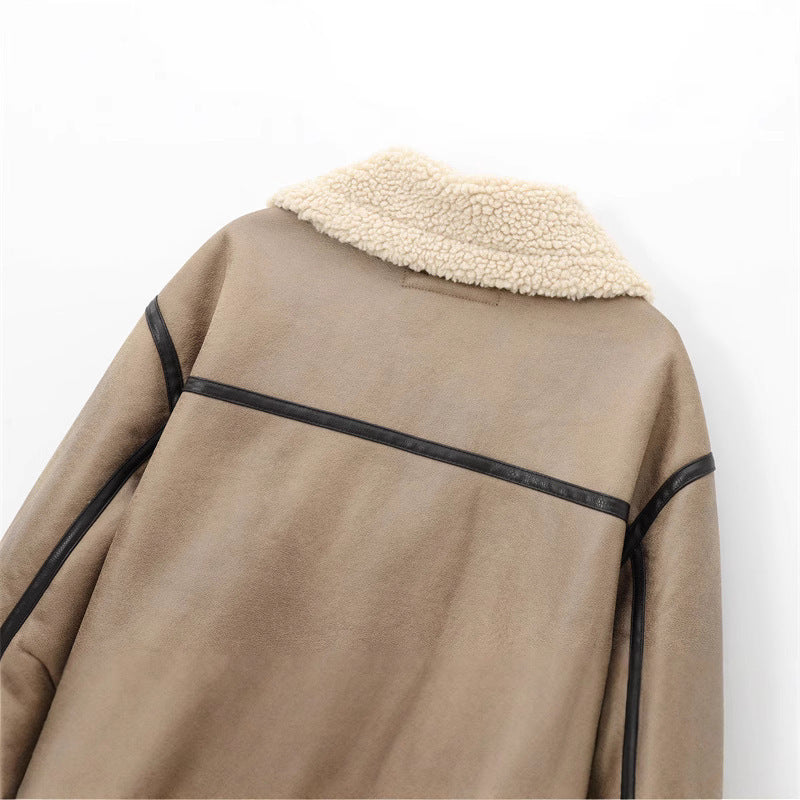 Women’s Shearling Double-Sided Jacket – Strap Trim Design & Plush Lining