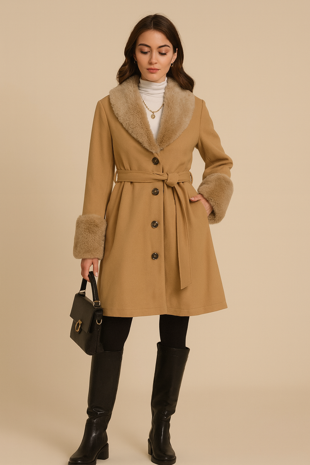 Women’s Belted Trench Coat with Fur Lapel – Elegant and Warm