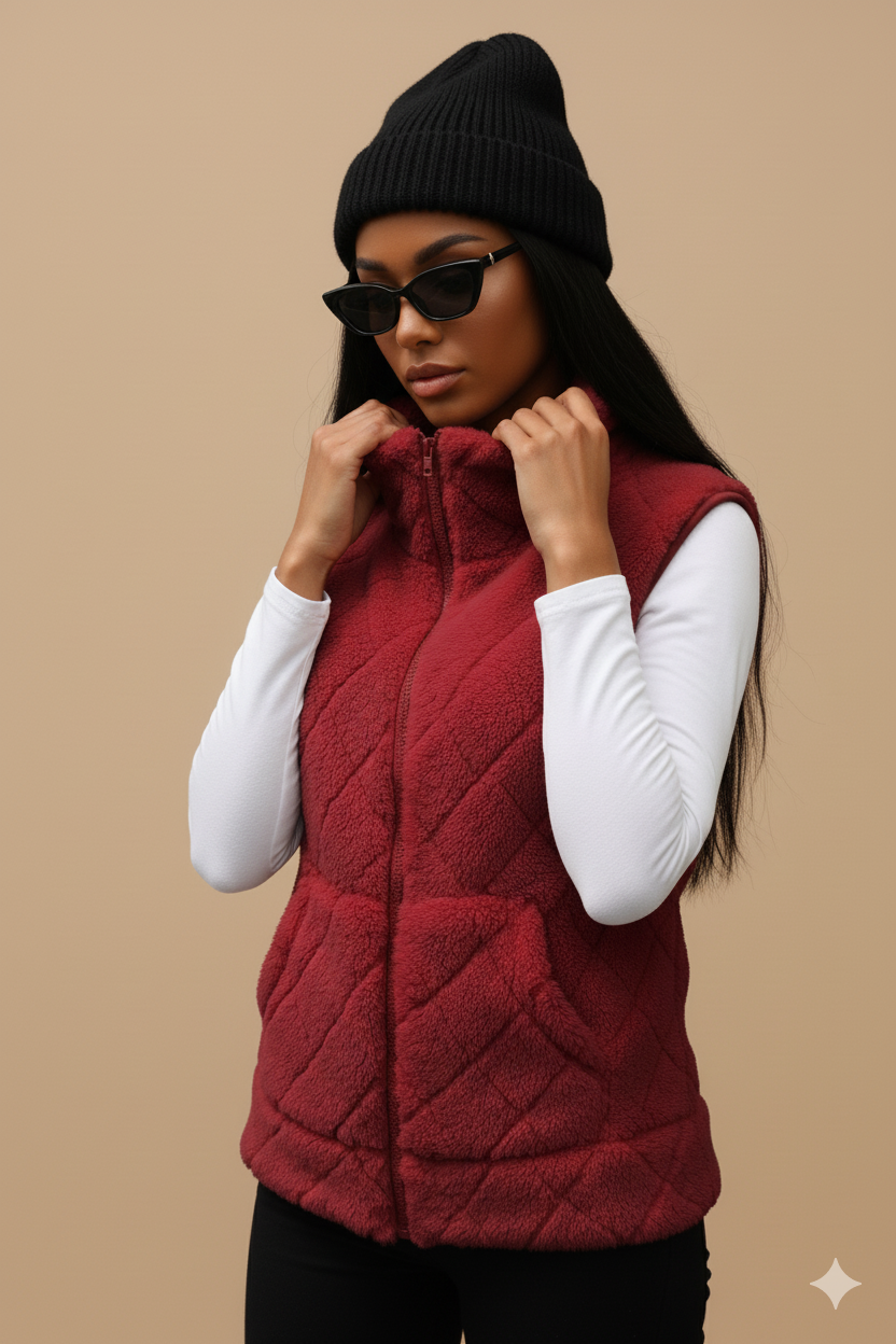 Women’s Quilted Plush Vest – Diamond Lattice Design with Zip Front