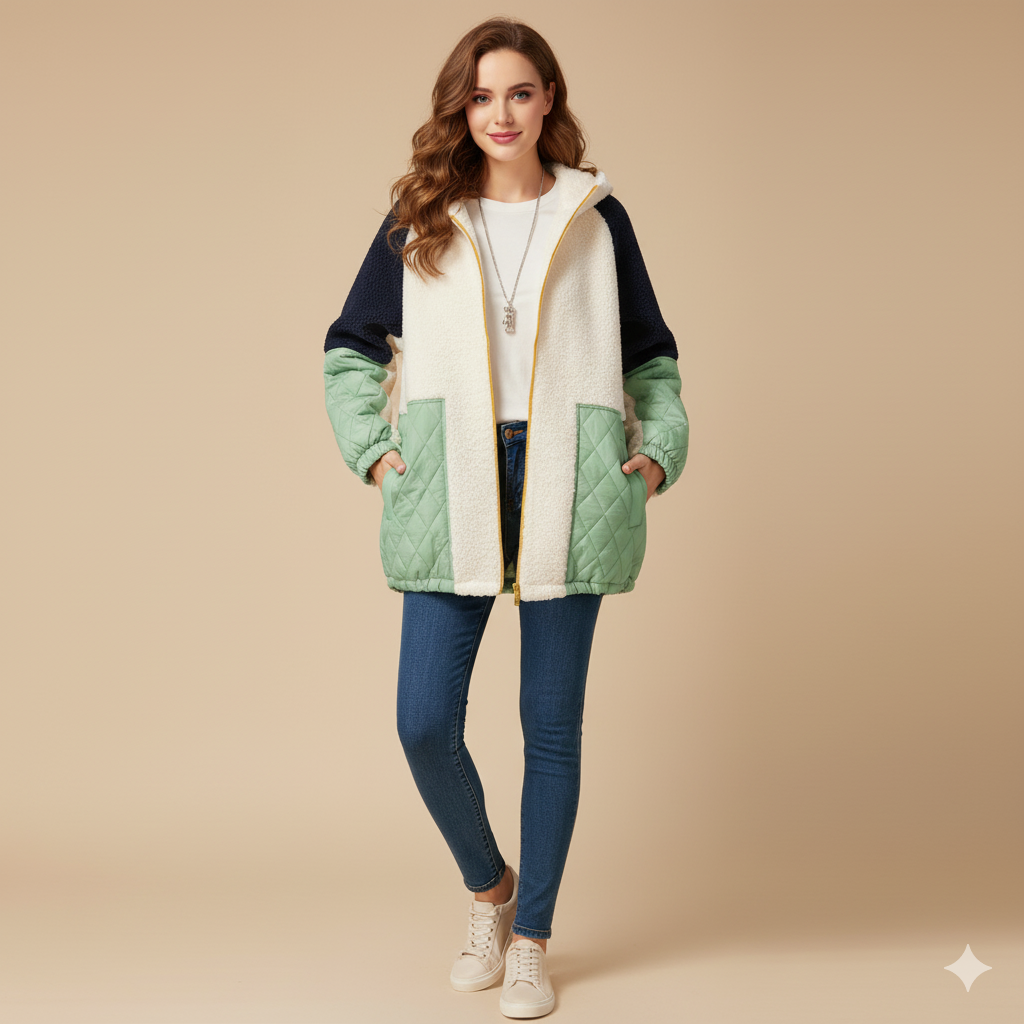 Women's Contrast Color Fleece Hooded Coat – Quilted Padded Design