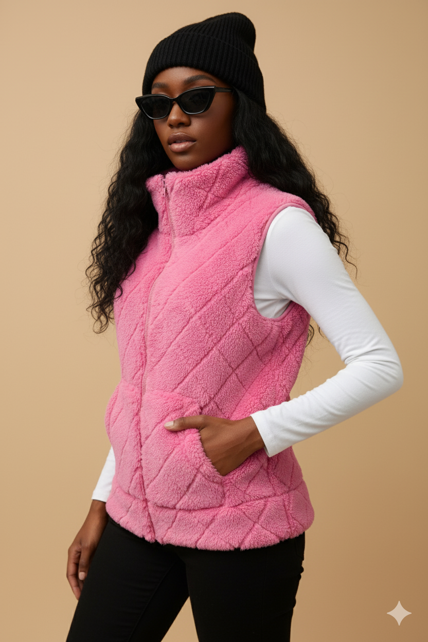 Women’s Quilted Plush Vest – Diamond Lattice Design with Zip Front