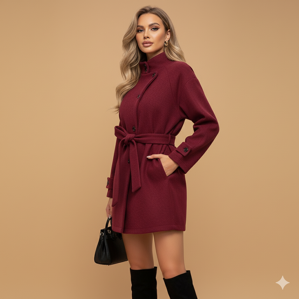 Women's Belted Wool Coat – Elegant Short Trench Style