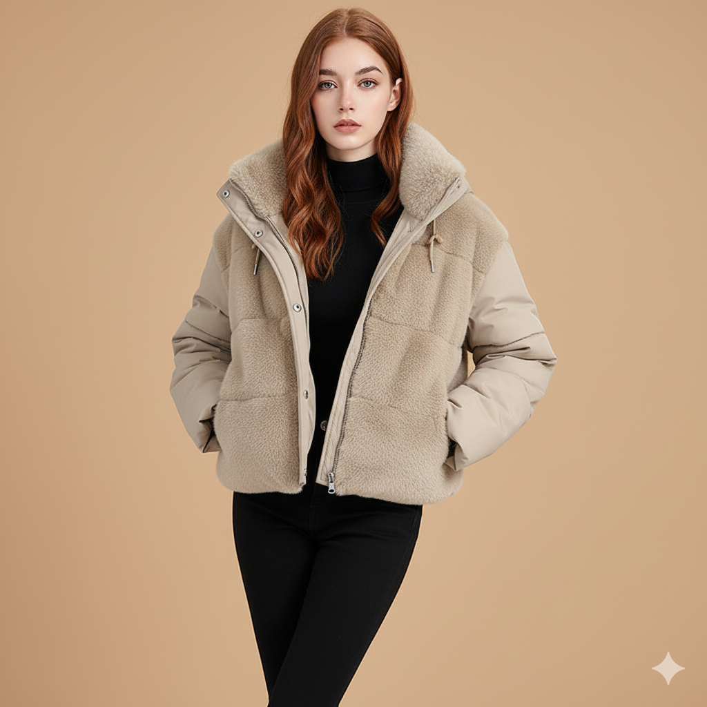 Women's Short Fur Patchwork Puffer Jacket – Winter Warm Hooded Coat