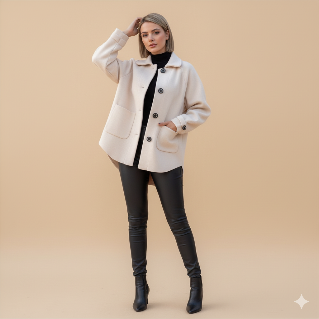 Women's Loose Wool Coat – Casual Lapel Jacket with Pockets