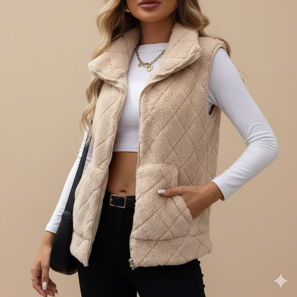 Women’s Quilted Plush Vest – Diamond Lattice Design with Zip Front