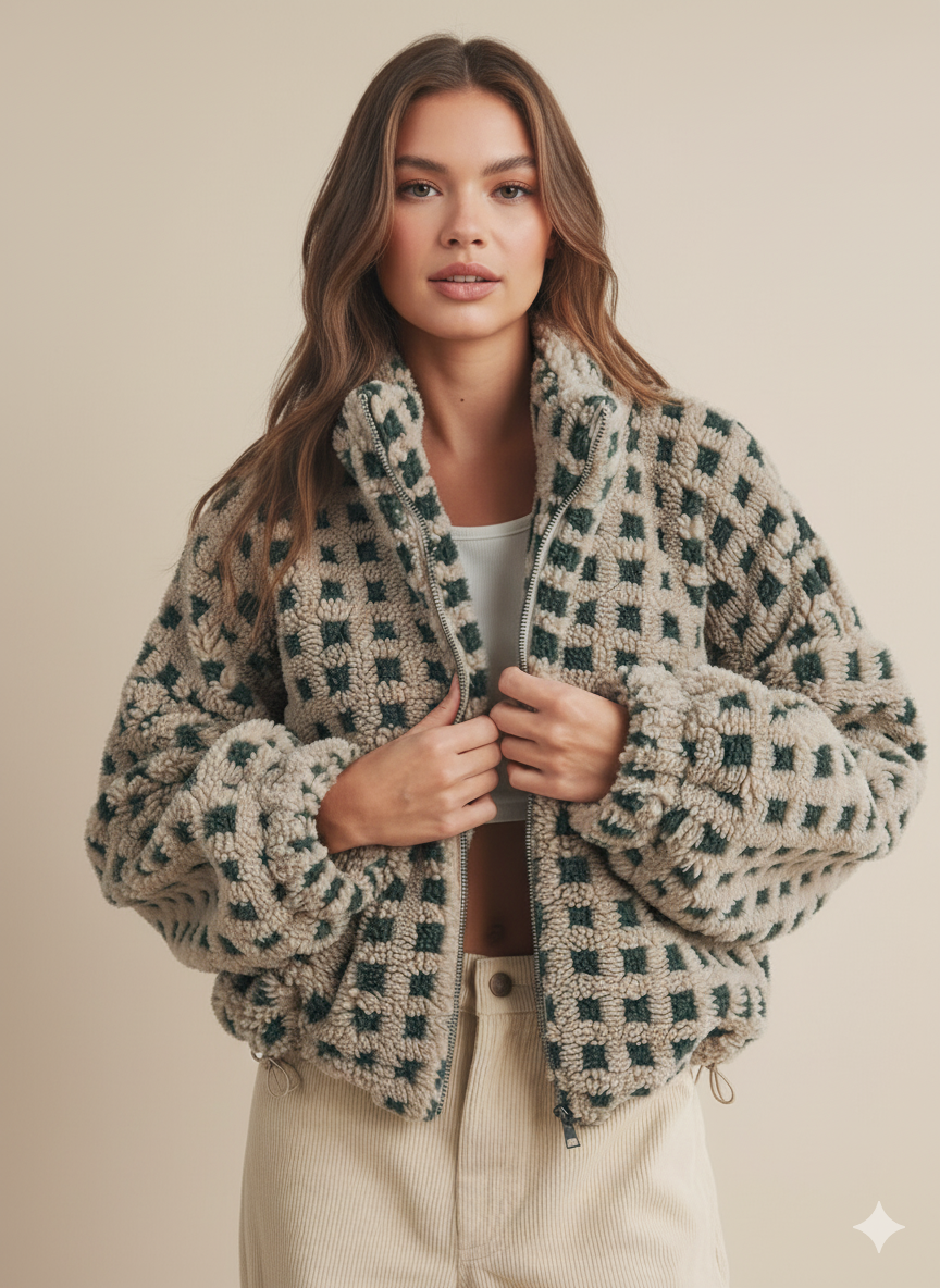 Women’s Textured Check Coat – Casual Loose Fit with Cozy Zip-Up Design