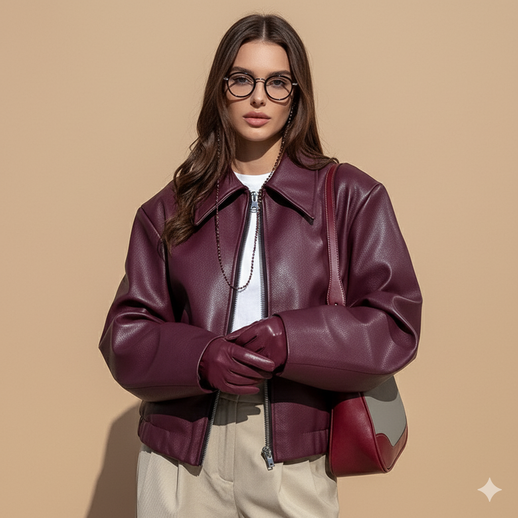 Women’s Faux Leather ''Biker'' Jacket – Vintage Style with Lapel Collar