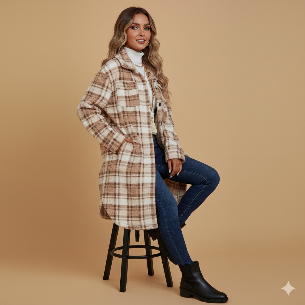 Women's Long Plaid Plush Coat – Double-Sided with Patch Pockets