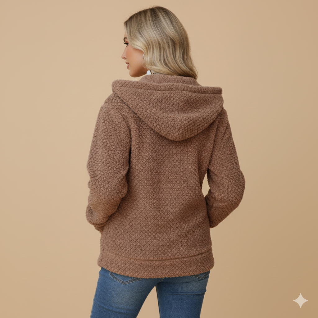 Women's Hooded Plush Zip Jacket – Cozy Fleece Coat with Pockets