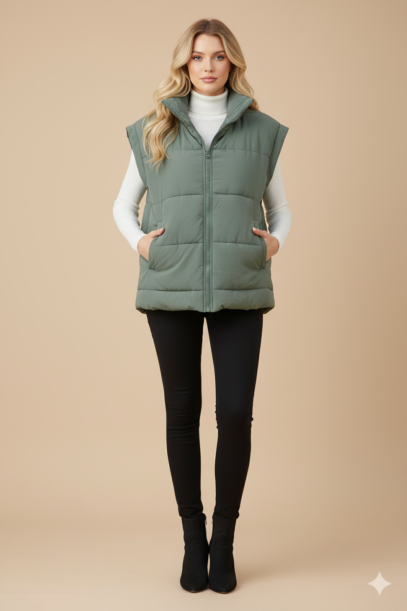 Women’s Fashion Slim Puffer Vest – Sleeveless Stand-Up Collar Thermal Bodywarmer