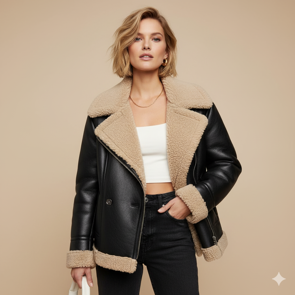 Women’s Faux Leather Shearling Coat – Double-Breasted Design with Fleece Lining