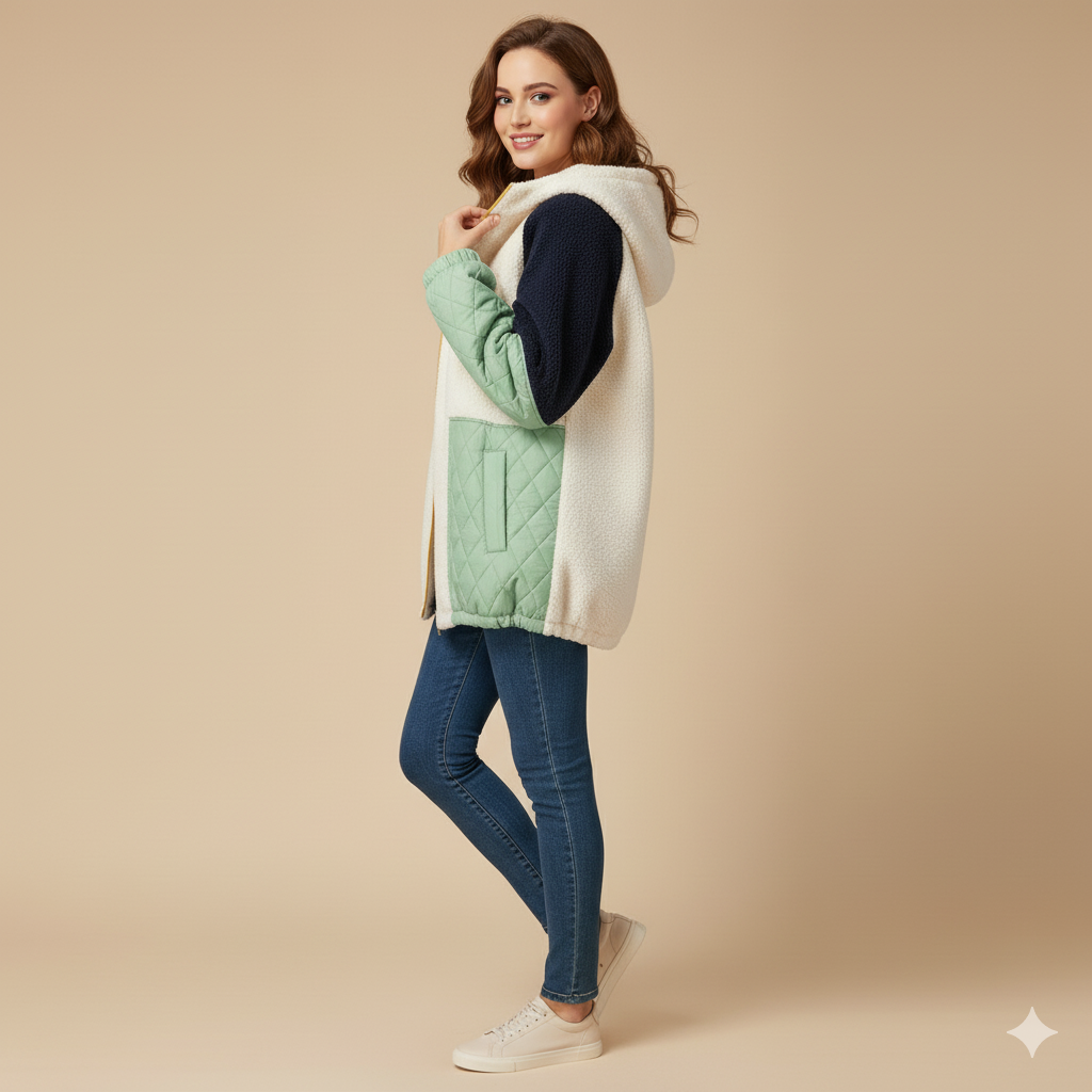 Women's Contrast Color Fleece Hooded Coat – Quilted Padded Design