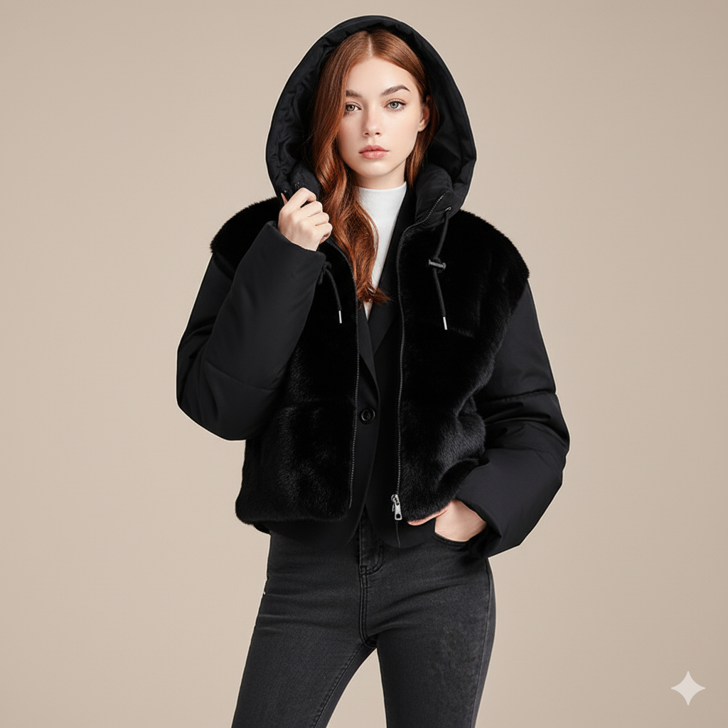 Women's Short Fur Patchwork Puffer Jacket – Winter Warm Hooded Coat