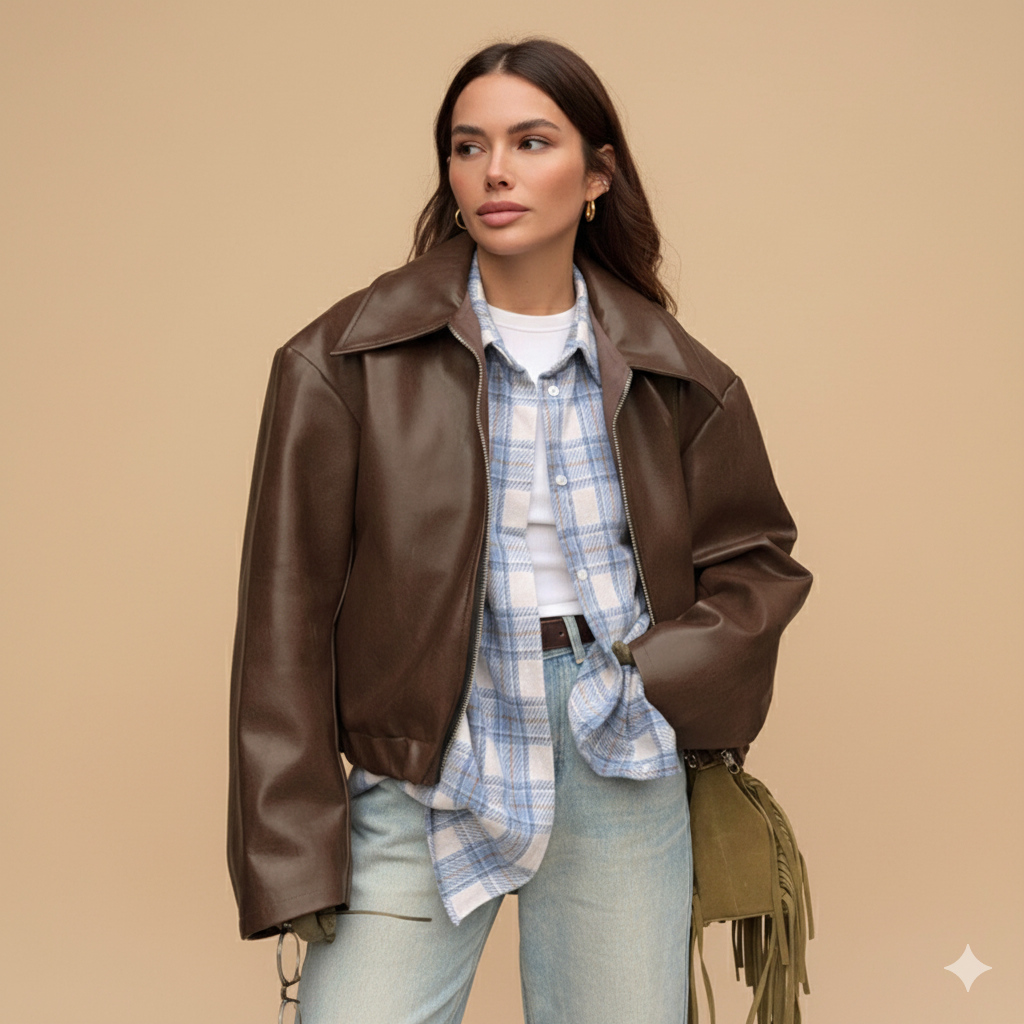 Women’s Faux Leather ''Biker'' Jacket – Vintage Style with Lapel Collar