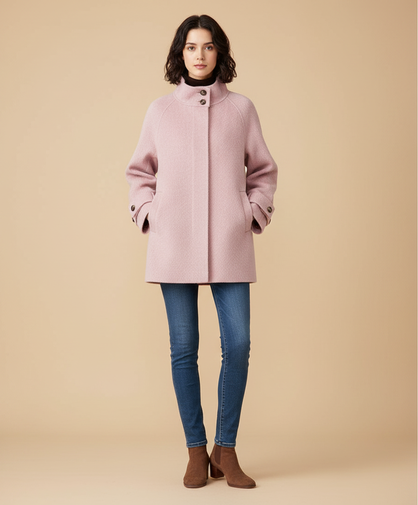 Women's Double-Sided Cashmere Coat – Mid-Length Wool Blend Elegance