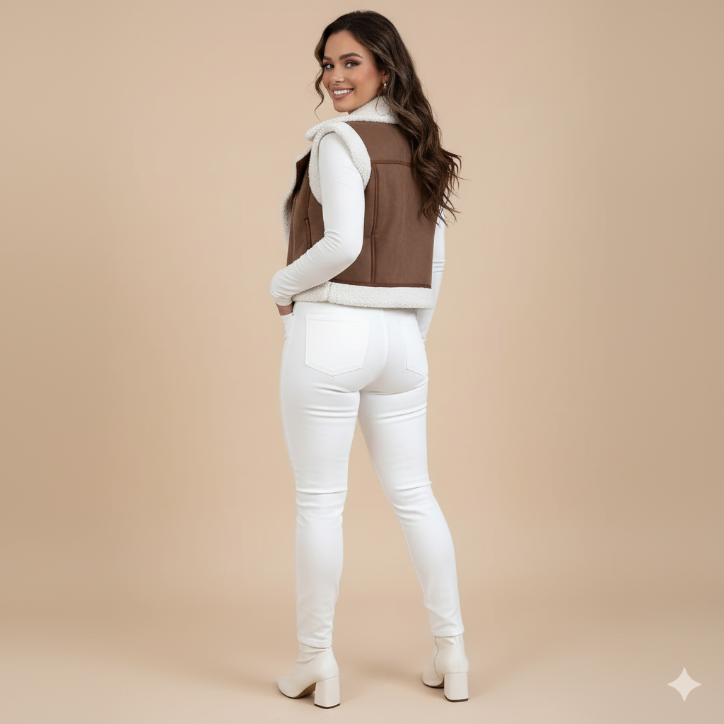 Women’s Western Style Shearling Vest – Faux Lamb Wool Lined Suede Gilet