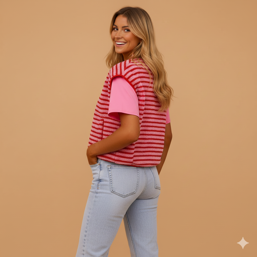 Women’s Striped Knit Button Vest – Casual Cardigan-Style Sleeveless Coat