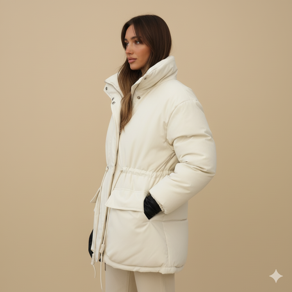 Women's Quilted Puffer Coat – Slim-Fit Drawstring Waist Winter Jacket