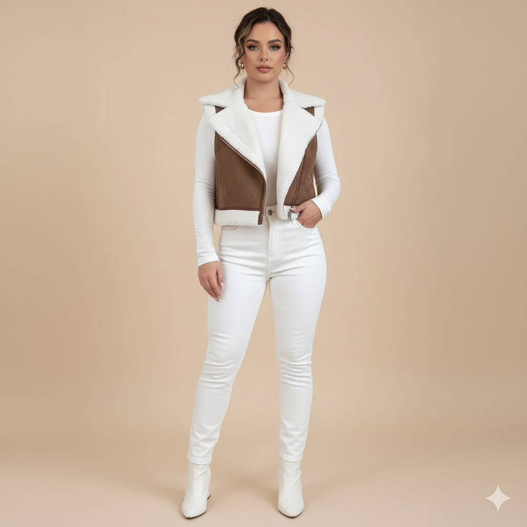 Women’s Western Style Shearling Vest – Faux Lamb Wool Lined Suede Gilet