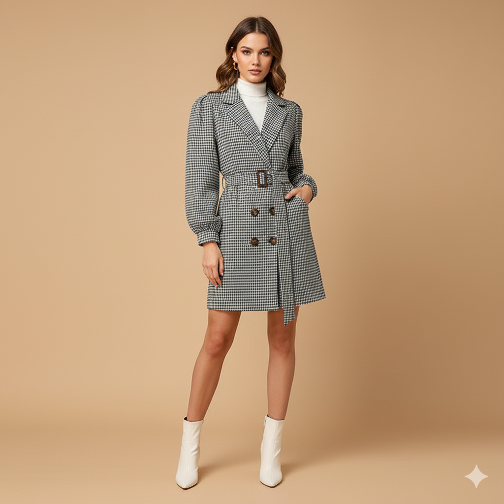 Women’s Houndstooth Belted Coat – Elegant Double-Breasted Winter Jacket