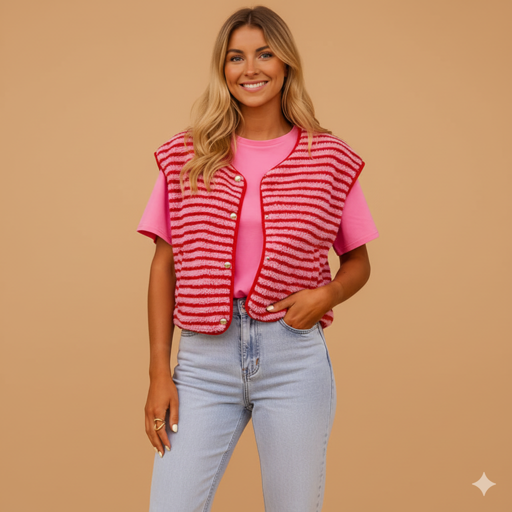 Women’s Striped Knit Button Vest – Casual Cardigan-Style Sleeveless Coat