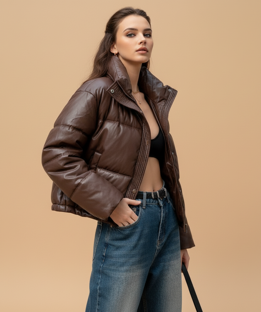 Women's Faux Leather Puffer Jacket – Winter Warm Quilted Coat