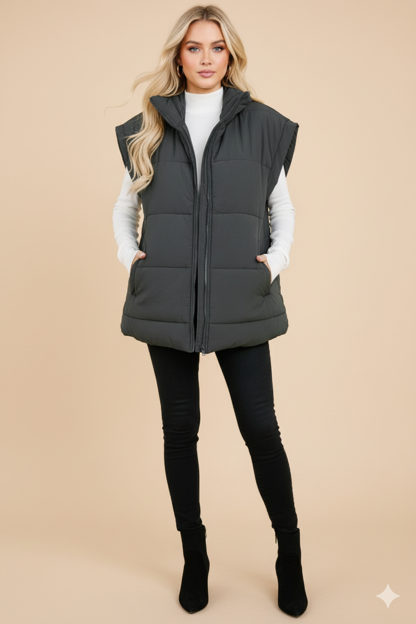 Women’s Fashion Slim Puffer Vest – Sleeveless Stand-Up Collar Thermal Bodywarmer