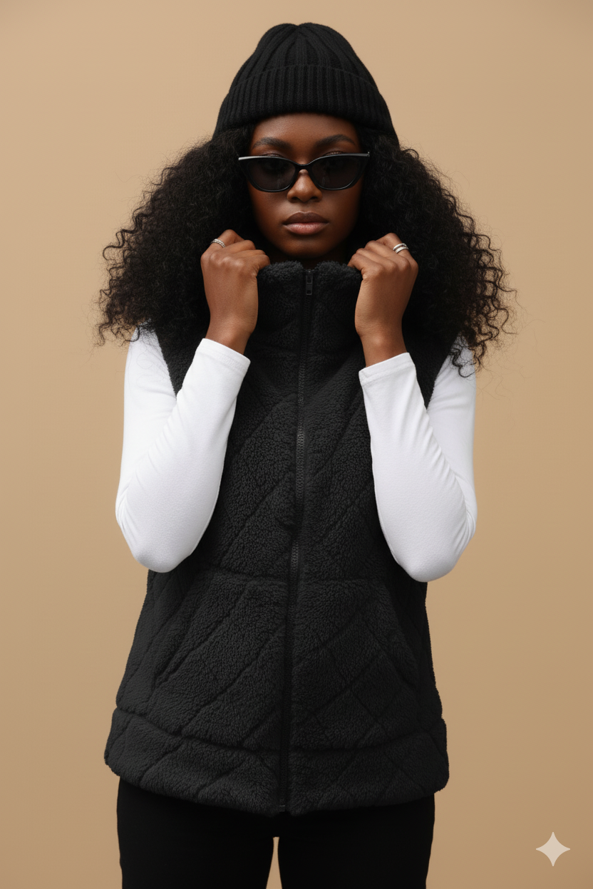 Women’s Quilted Plush Vest – Diamond Lattice Design with Zip Front