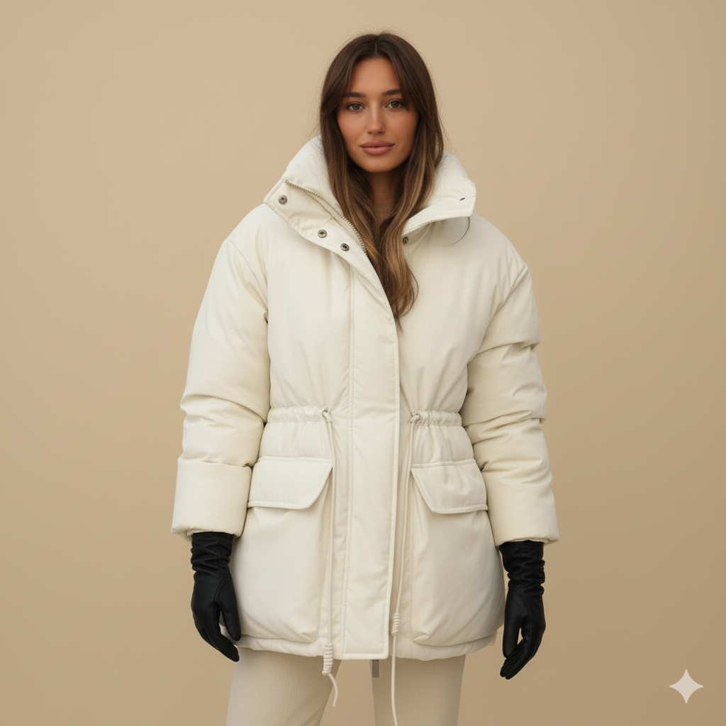 Women's Quilted Puffer Coat – Slim-Fit Drawstring Waist Winter Jacket