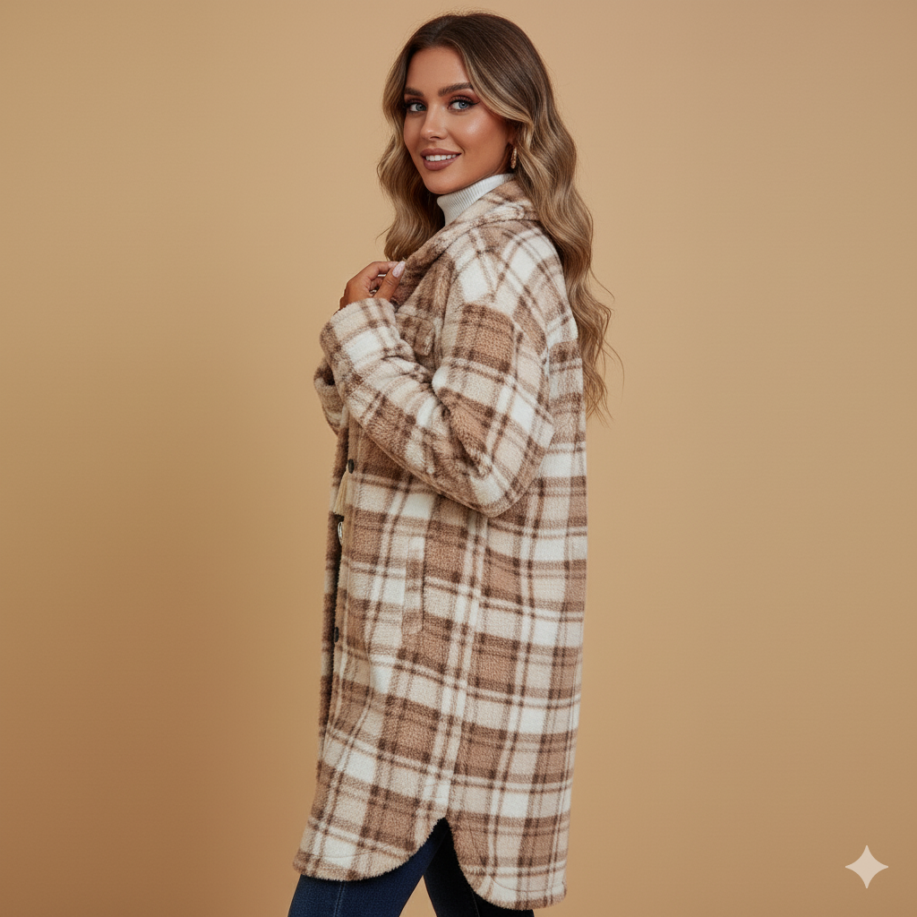 Women's Long Plaid Plush Coat – Double-Sided with Patch Pockets