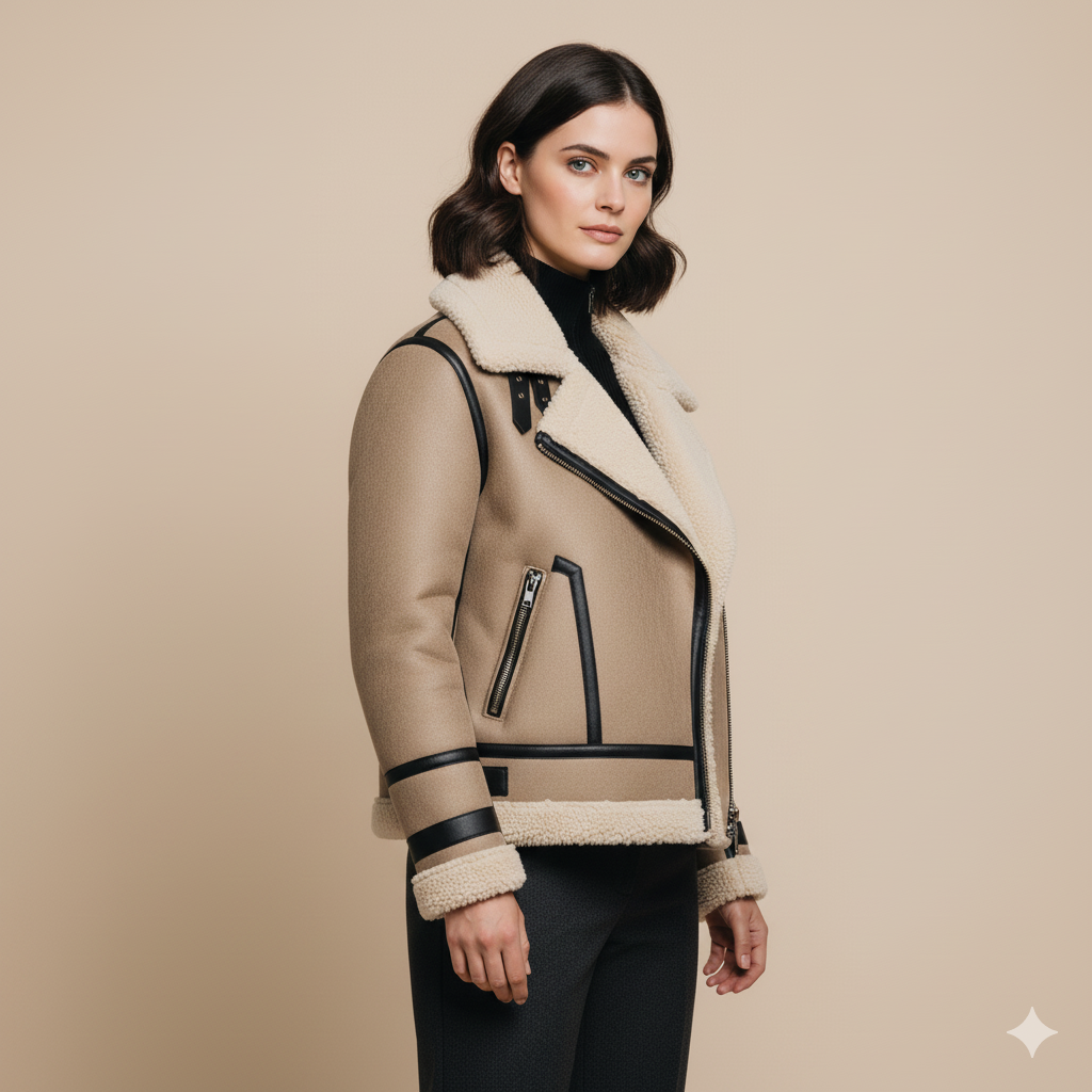 Women’s Shearling Double-Sided Jacket – Strap Trim Design & Plush Lining