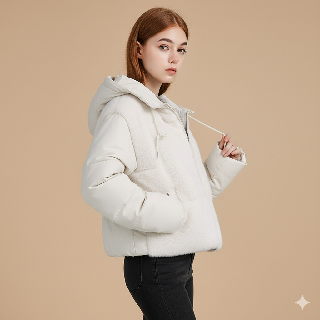 Women's Short Fur Patchwork Puffer Jacket – Winter Warm Hooded Coat