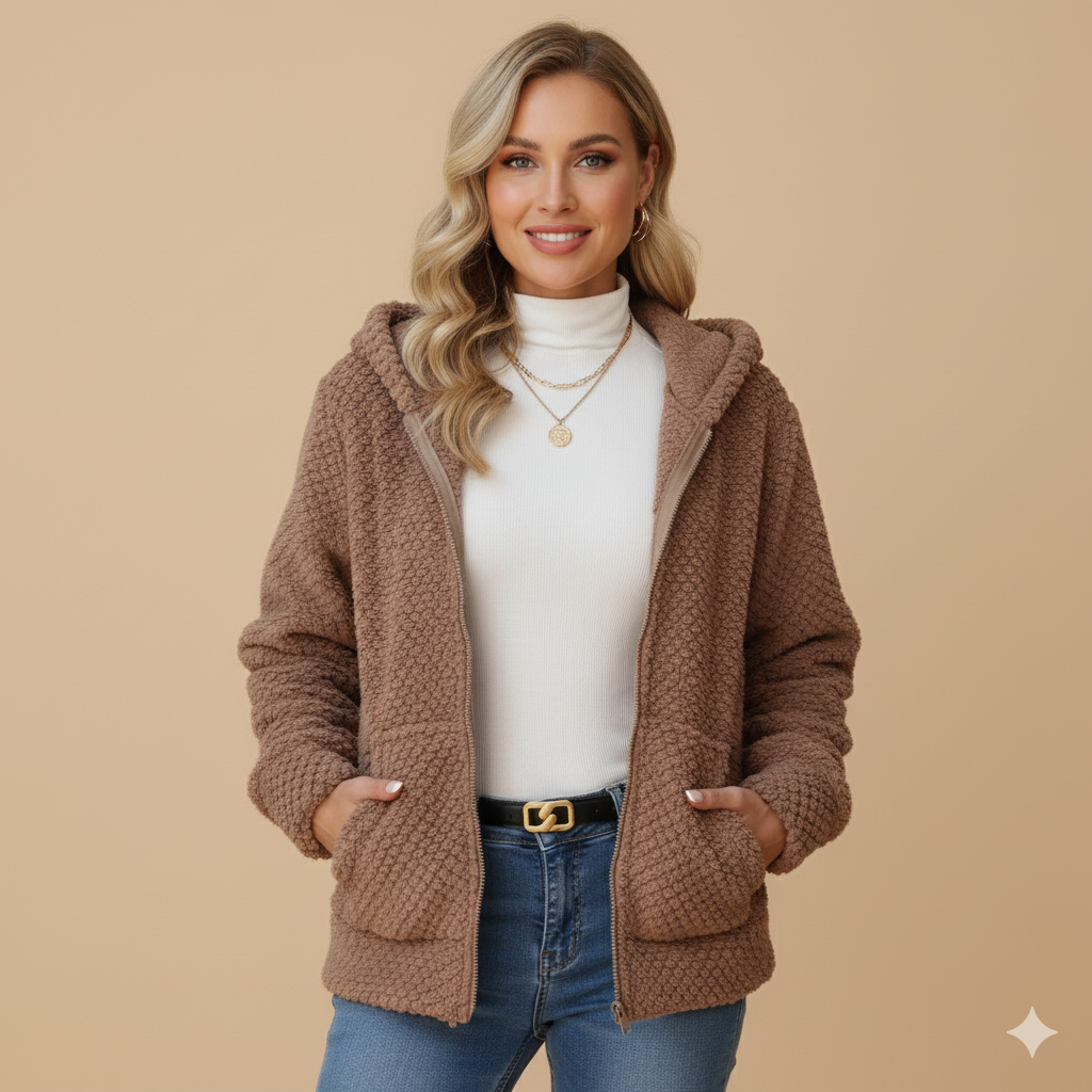 Women's Hooded Plush Zip Jacket – Cozy Fleece Coat with Pockets