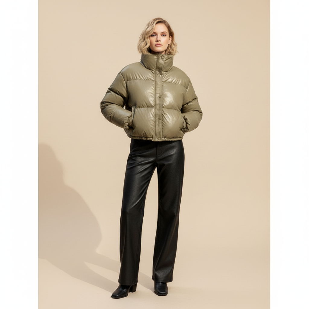 Women's Faux Leather Puffer Jacket – Winter Warm Quilted Coat