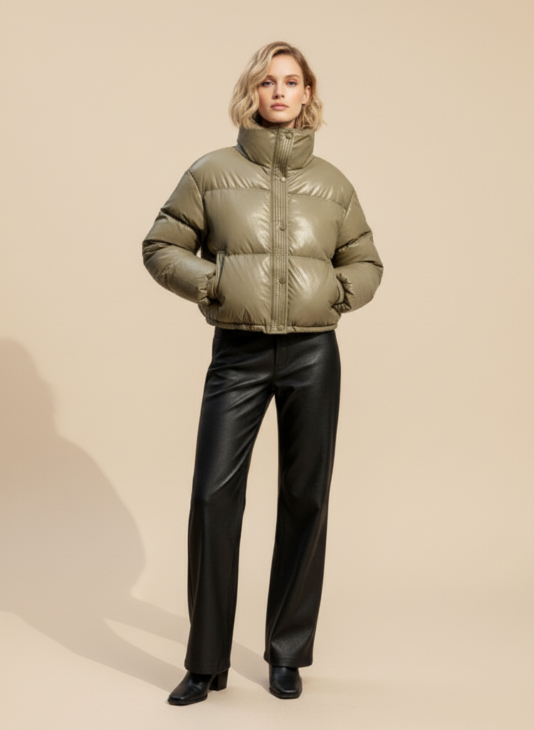 Women's Faux Leather Puffer Jacket – Winter Warm Quilted Coat