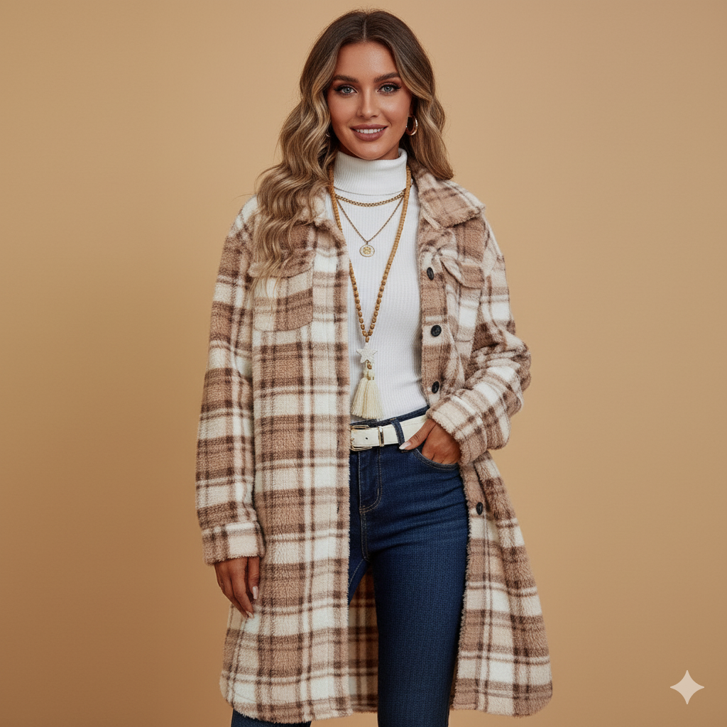 Women's Long Plaid Plush Coat – Double-Sided with Patch Pockets