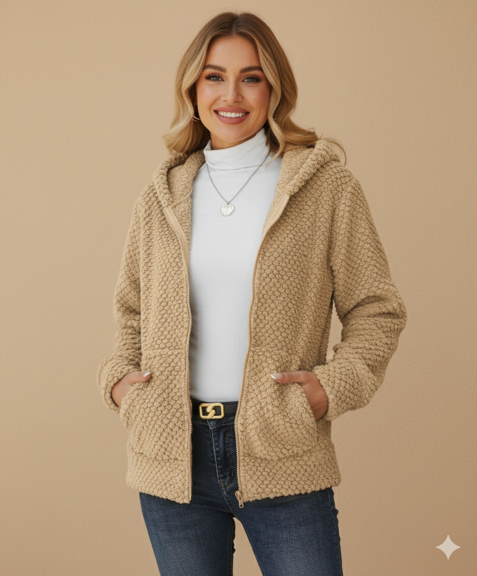 Women's Hooded Plush Zip Jacket – Cozy Fleece Coat with Pockets