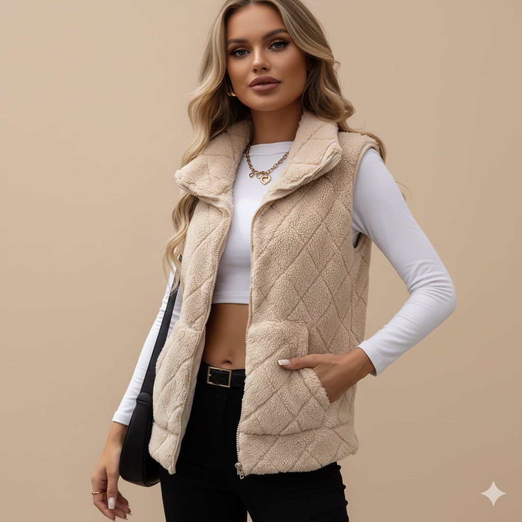 Women’s Quilted Plush Vest – Diamond Lattice Design with Zip Front