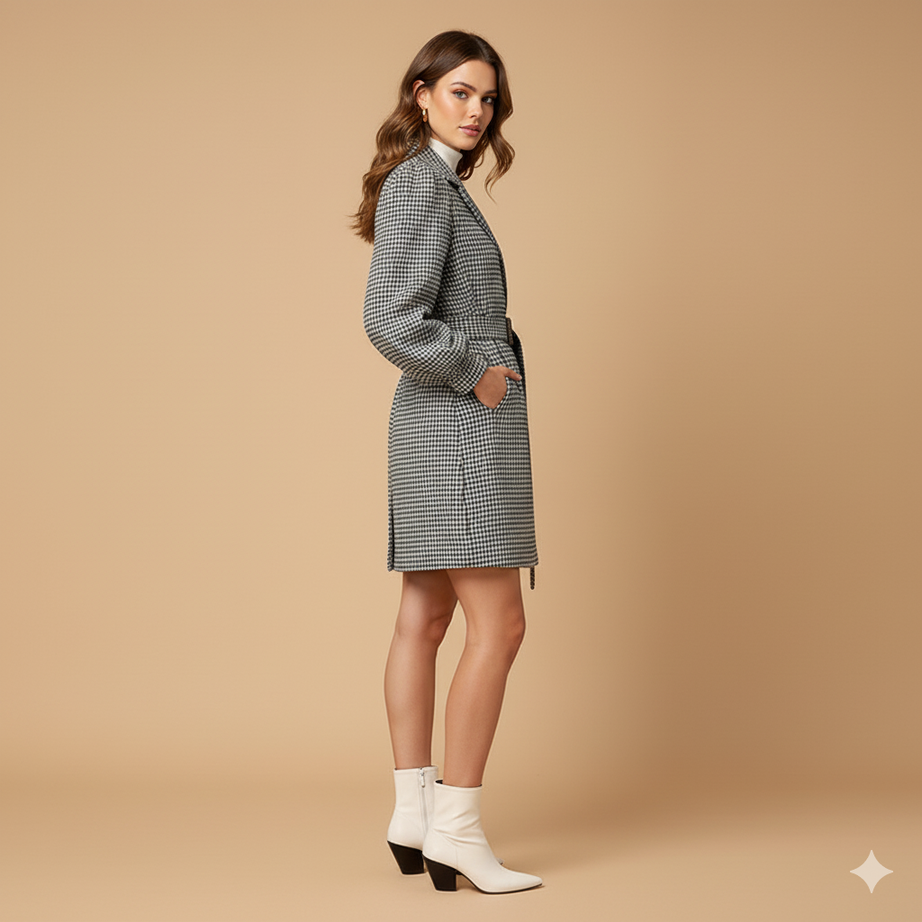 Women’s Houndstooth Belted Coat – Elegant Double-Breasted Winter Jacket
