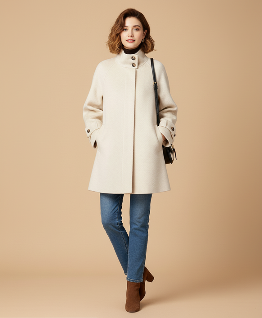 Women's Double-Sided Cashmere Coat – Mid-Length Wool Blend Elegance