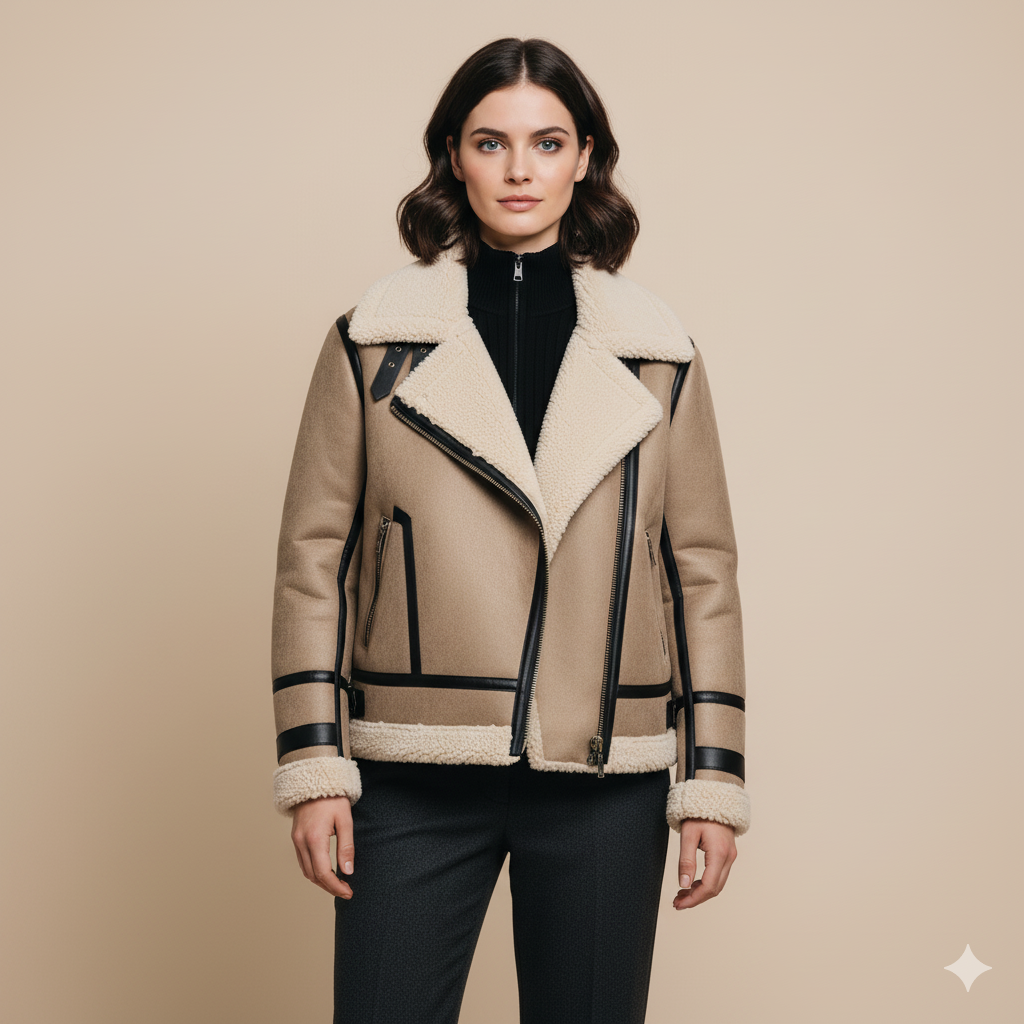 Women’s Shearling Double-Sided Jacket – Strap Trim Design & Plush Lining