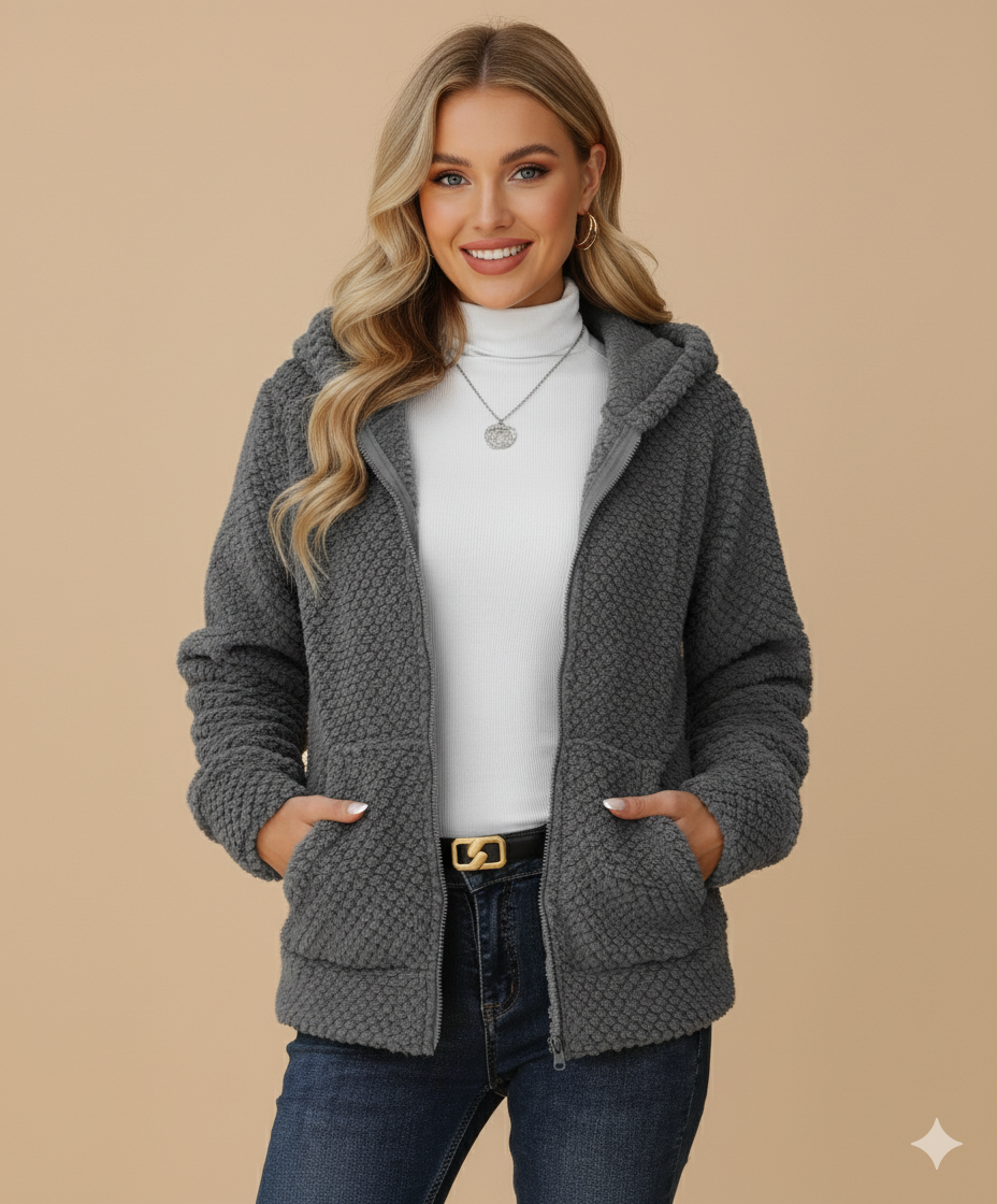 Women's Hooded Plush Zip Jacket – Cozy Fleece Coat with Pockets