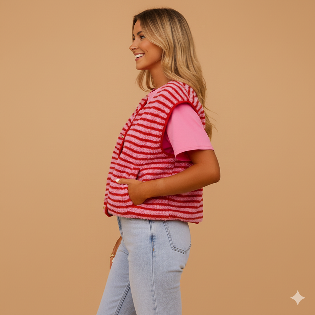 Women’s Striped Knit Button Vest – Casual Cardigan-Style Sleeveless Coat