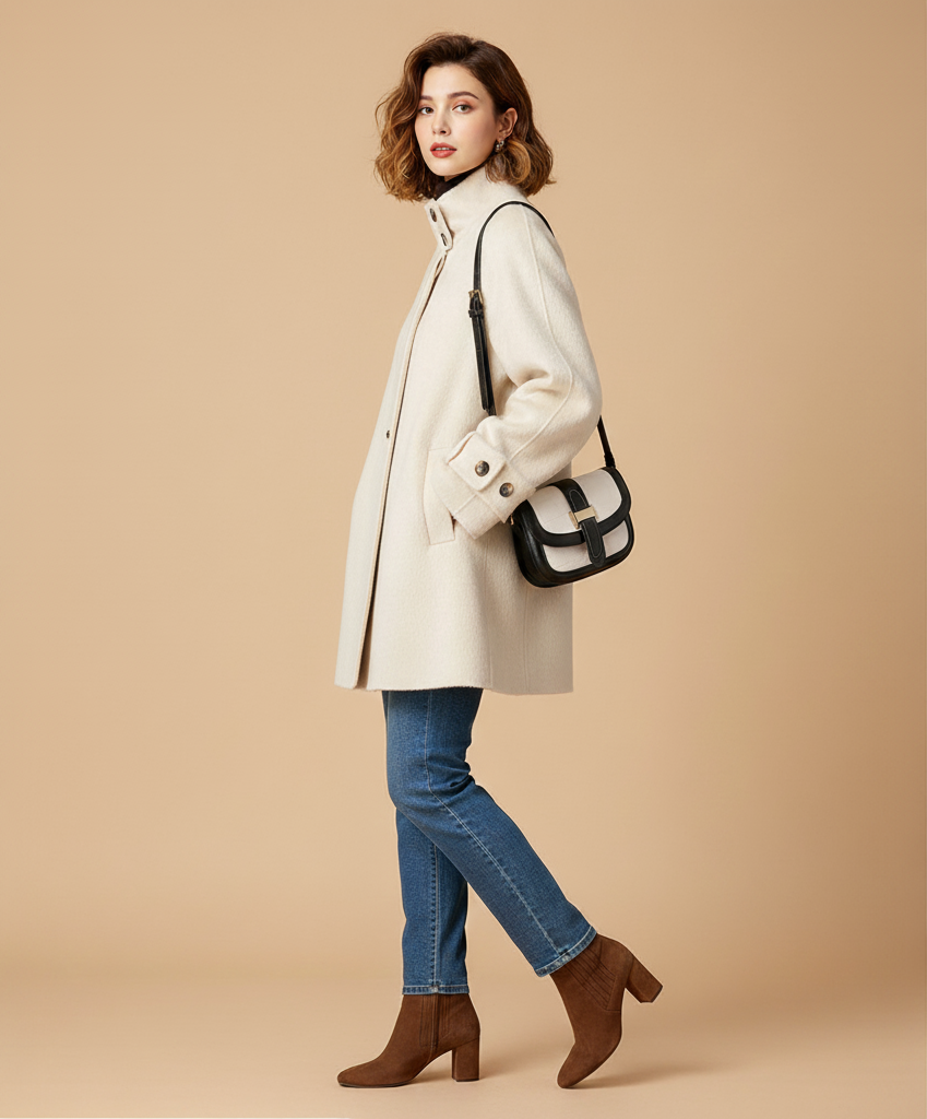 Women's Double-Sided Cashmere Coat – Mid-Length Wool Blend Elegance