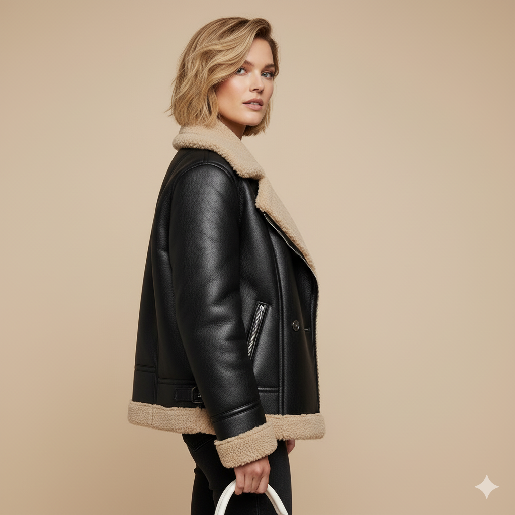 Women’s Faux Leather Shearling Coat – Double-Breasted Design with Fleece Lining