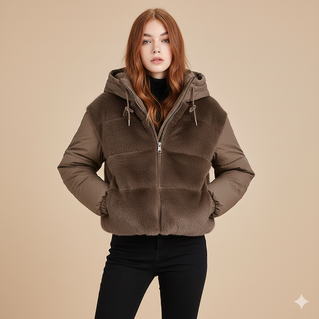 Women's Short Fur Patchwork Puffer Jacket – Winter Warm Hooded Coat