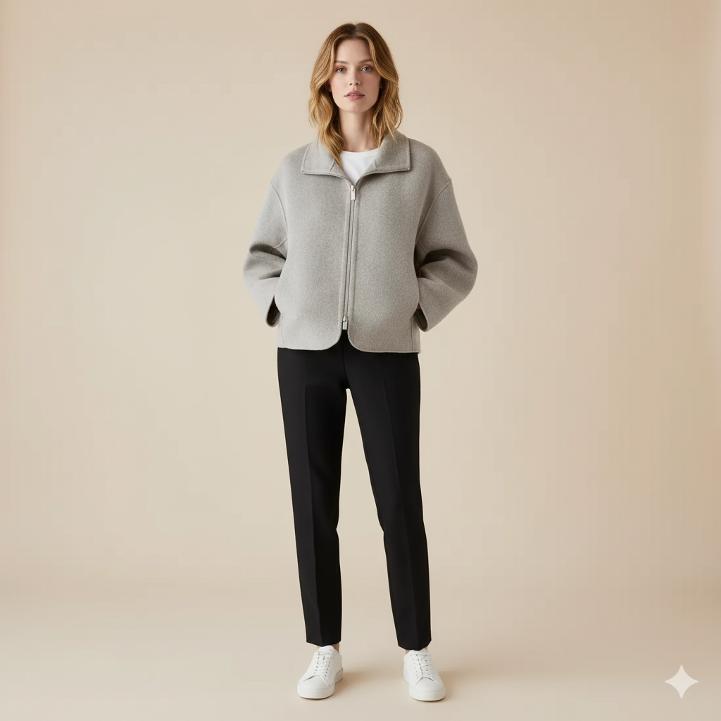 Women’s Minimalist Wool Zip Jacket – Oversized Fit with Soft Collar
